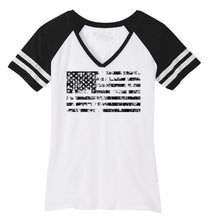Load image into Gallery viewer, Ladies Distressed American Flag Game Day V-Neck Tee