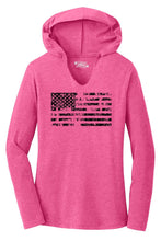 Load image into Gallery viewer, Ladies Distressed American Flag Hooded Tee Shirt