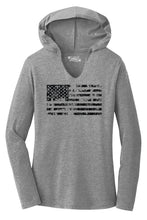 Load image into Gallery viewer, Ladies Distressed American Flag Hooded Tee Shirt