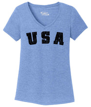 Load image into Gallery viewer, Ladies Distressed USA American Pride Tri-blend V-Neck