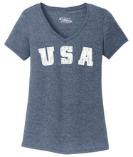 Load image into Gallery viewer, Ladies Distressed USA American Pride Tri-blend V-Neck