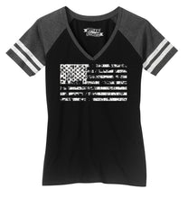 Load image into Gallery viewer, Ladies Distressed American Flag Game Day V-Neck Tee
