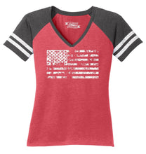 Load image into Gallery viewer, Ladies Distressed American Flag Game Day V-Neck Tee