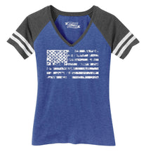 Load image into Gallery viewer, Ladies Distressed American Flag Game Day V-Neck Tee