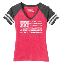 Load image into Gallery viewer, Ladies Distressed American Flag Game Day V-Neck Tee