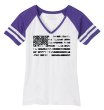 Load image into Gallery viewer, Ladies Distressed American Flag Game Day V-Neck Tee